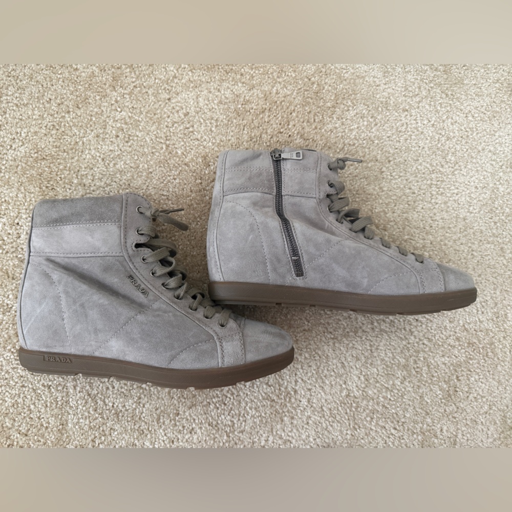 Prada Women's Gray Suede wedge High-Top Sneakers - Picture 4 of 8